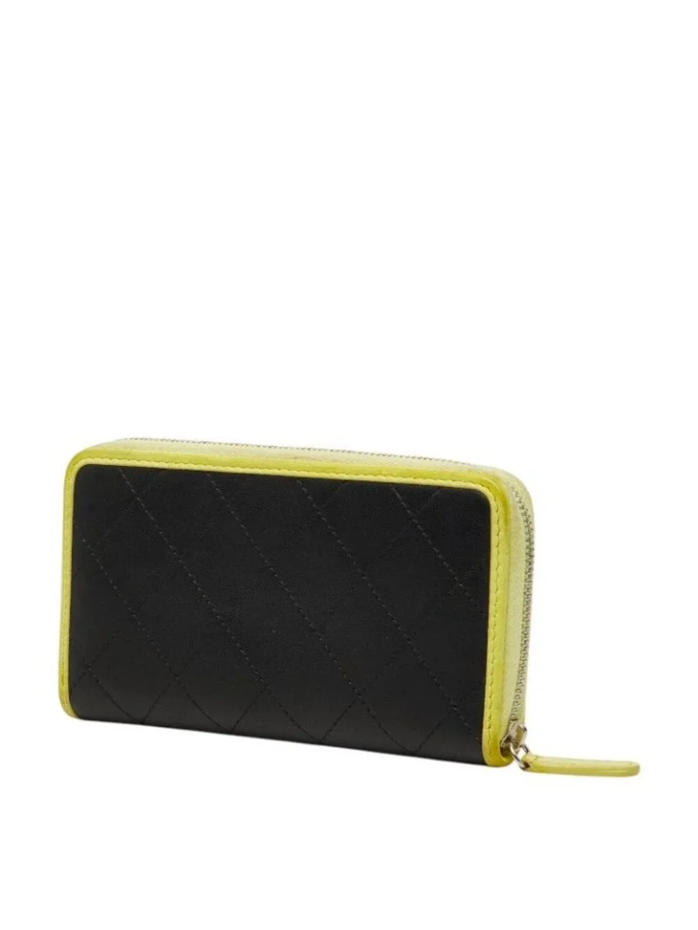 Chanel CC Logo Quilted Zip Around Wallet Black Yellow Leather